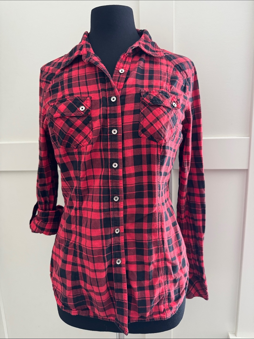 Guess Red and Black Plaid Button-Down Shirt